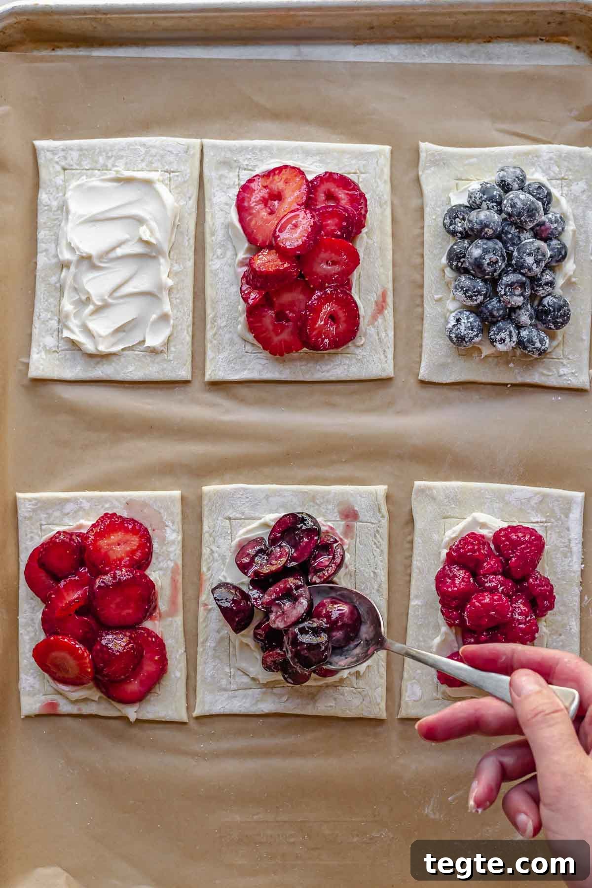 Fruit and Cream Cheese Danish with Flaky Puff Pastry 10 Add cherries and other fruit on top of the cream cheese.