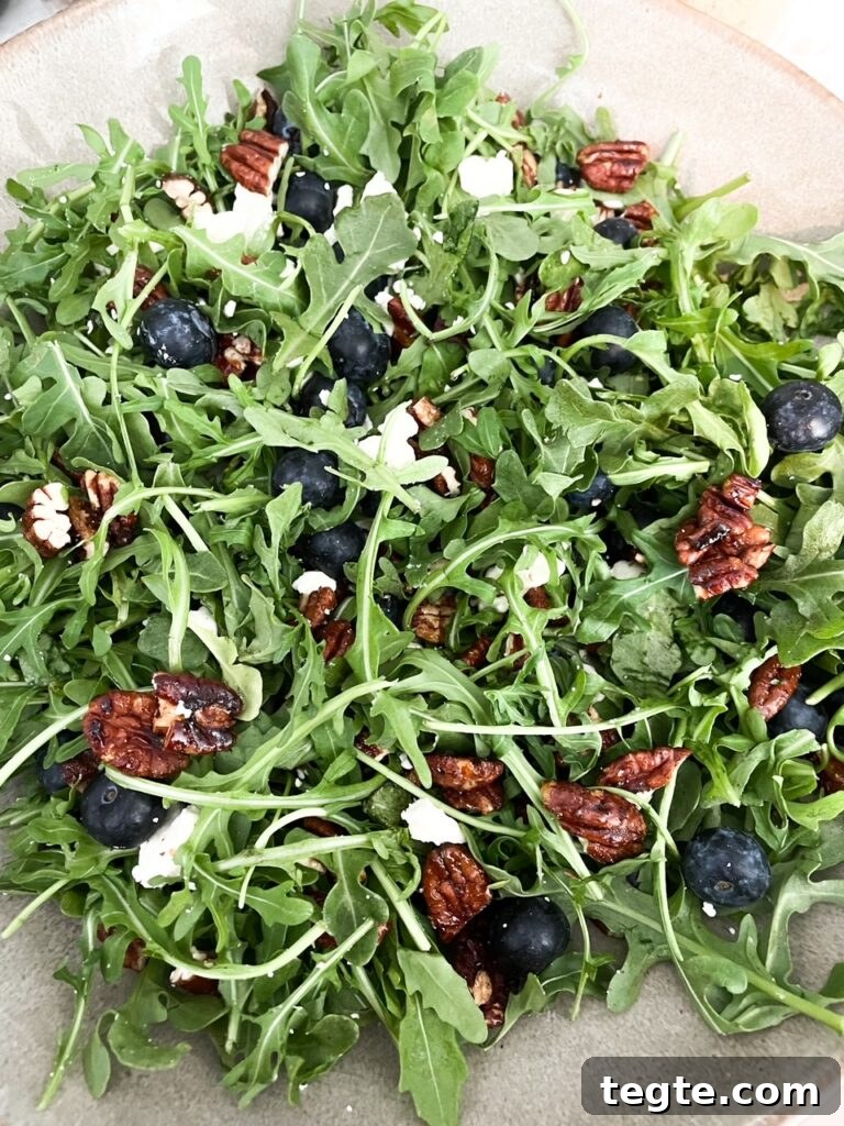 The finished Summer Arugula, Feta, and Blueberry Salad