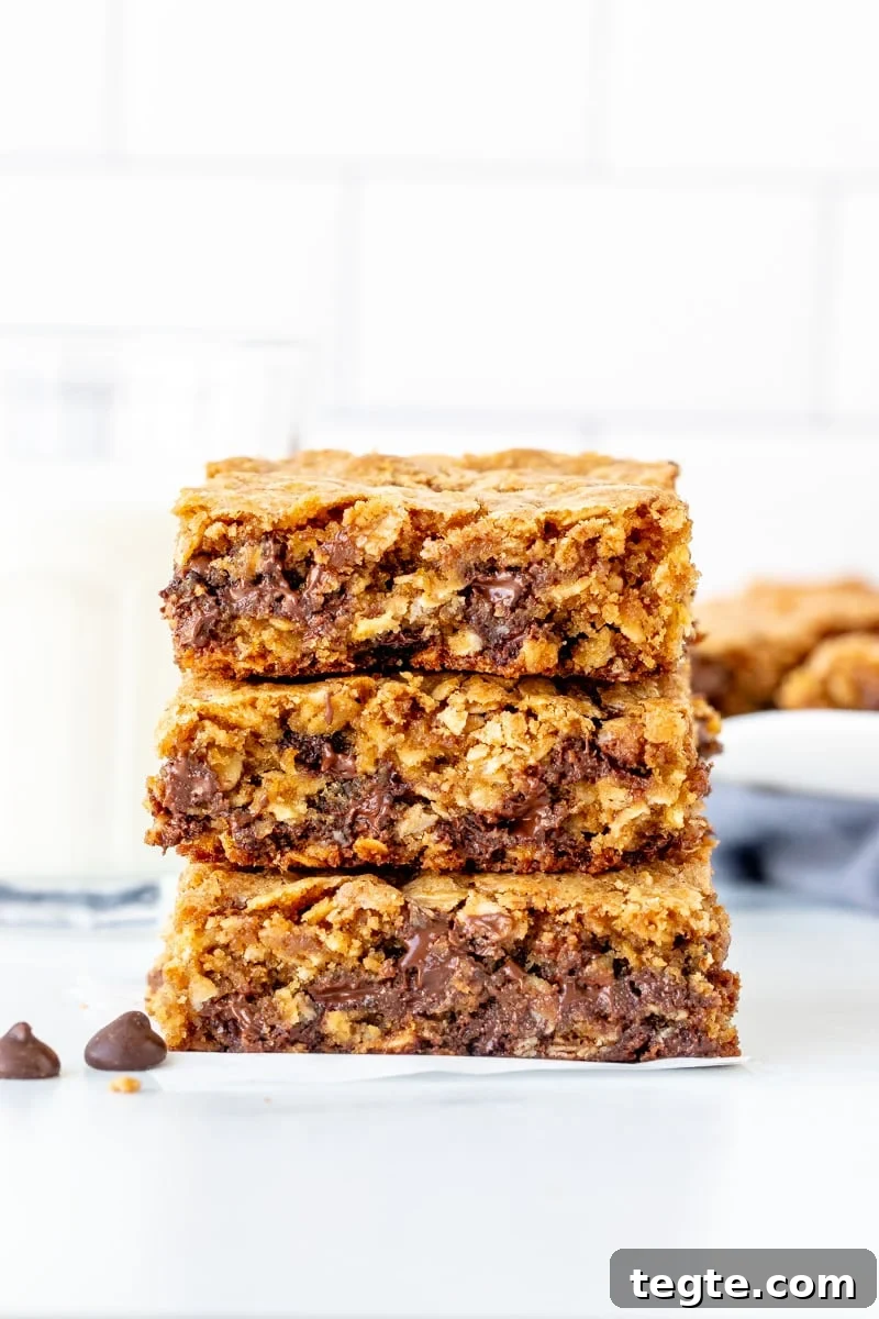 Chewy Oatmeal Chocolate Chip Cookie Bars Recipe 2 Stack of 3 oatmeal chocolate chip cookie bars