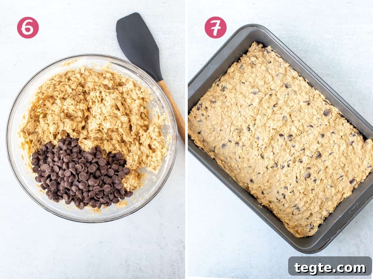 Chewy Oatmeal Chocolate Chip Cookie Bars Recipe 5 bowl of oatmeal cookie dough with chocolate chips, and pan of unbaked oatmeal chocolate chip cookie bars