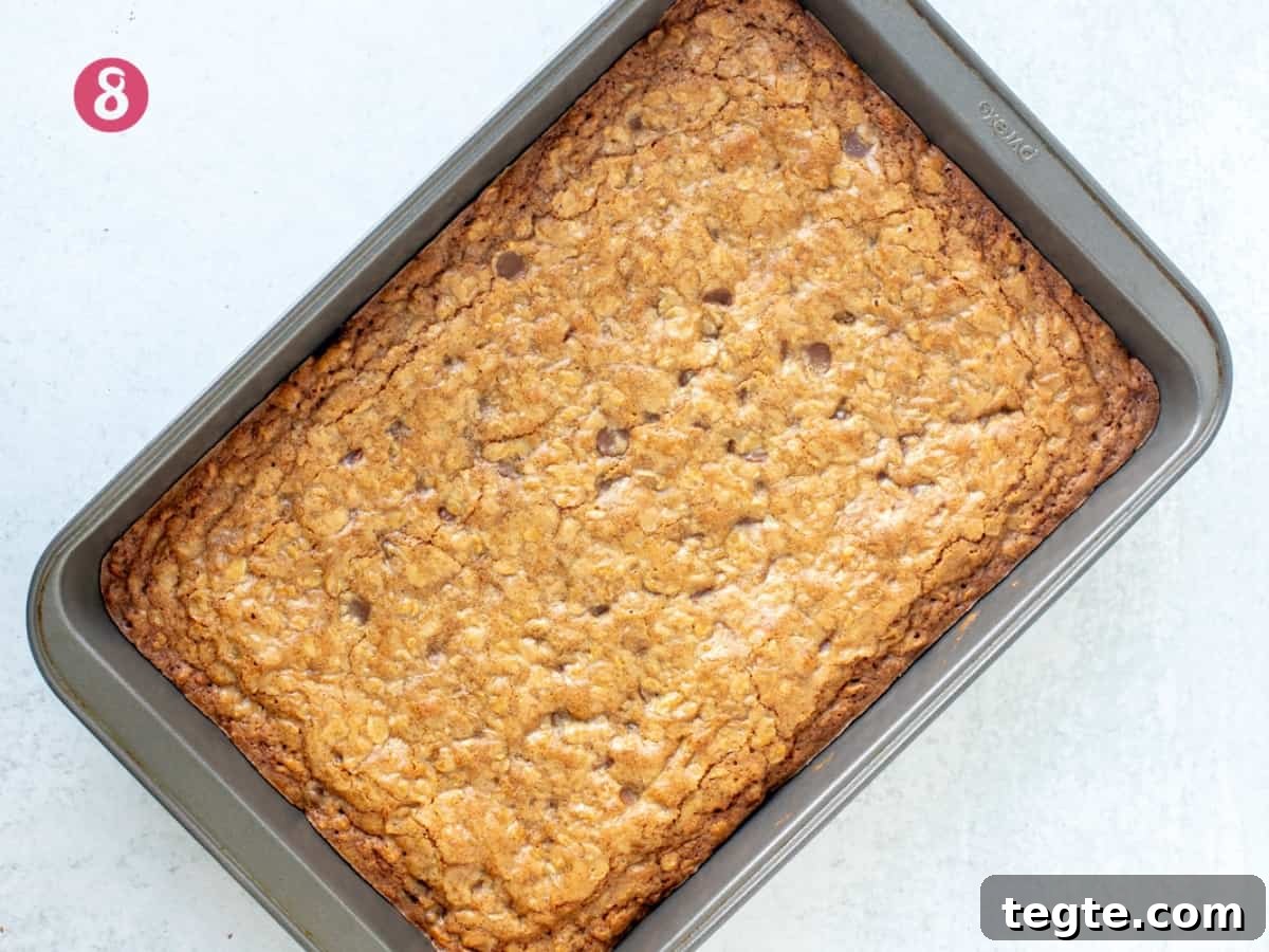 Chewy Oatmeal Chocolate Chip Cookie Bars Recipe 6 Pan of baked oatmeal chocolate chip cookie bars
