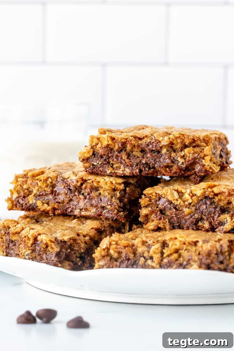 Chewy Oatmeal Chocolate Chip Cookie Bars Recipe 8 Plate of gooey oatmeal chocolate chip cookie bars
