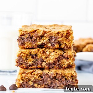 Chewy Oatmeal Chocolate Chip Cookie Bars Recipe 9 Stack of 3 oatmeal chocolate chip cookie bars