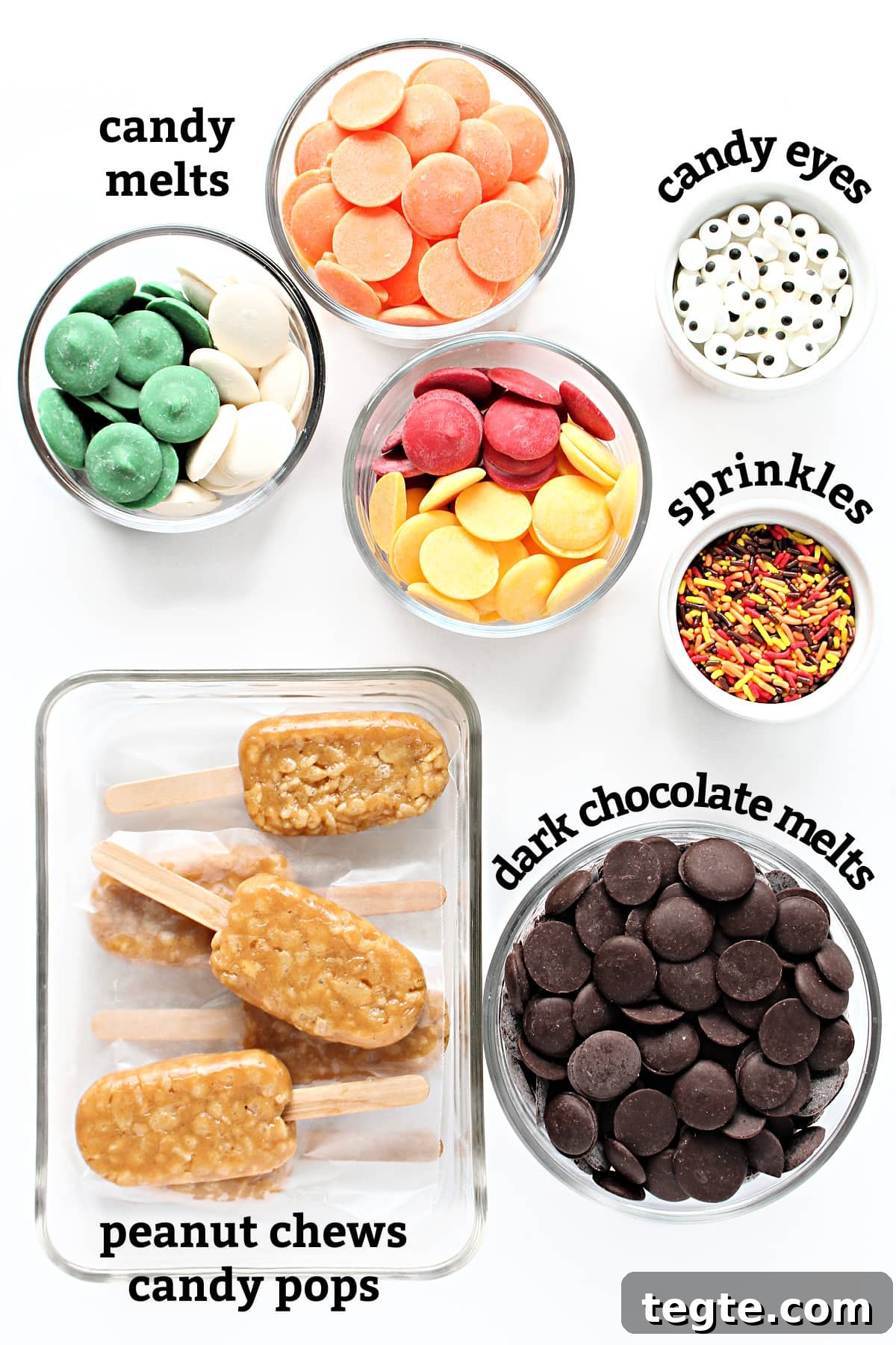 Thanksgiving Peanut Chew Candy Pops Recipe for Fall Treats 3 ingredients: colored candy melts, dark chocolate melts, candy eyes, sprinkles, peanut chews candy pops.
