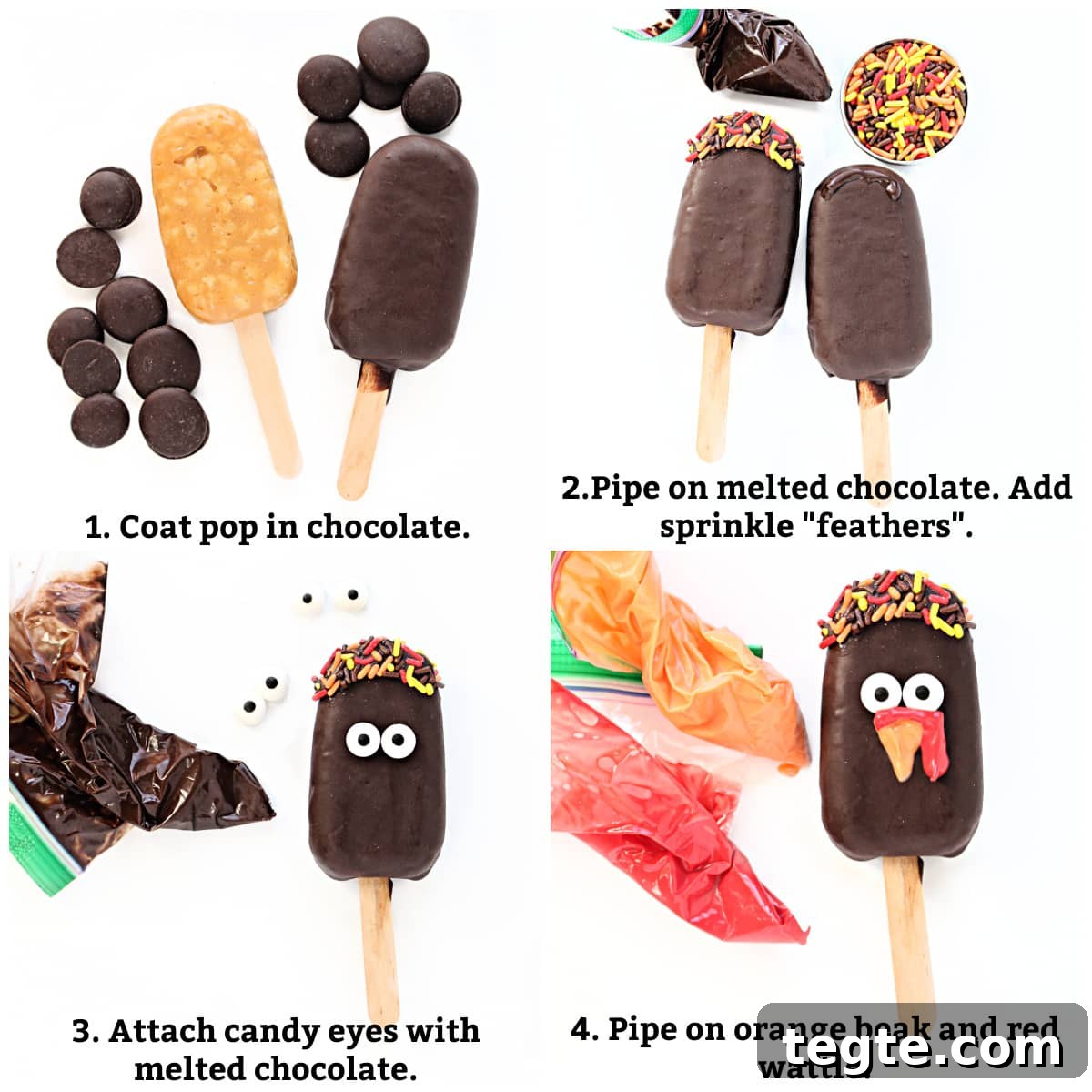 Thanksgiving Peanut Chew Candy Pops Recipe for Fall Treats 4 Turkey instructions: coat in dark chocolate, add piped chocolate and sprinkles, add candy eyes, beak, wattle.