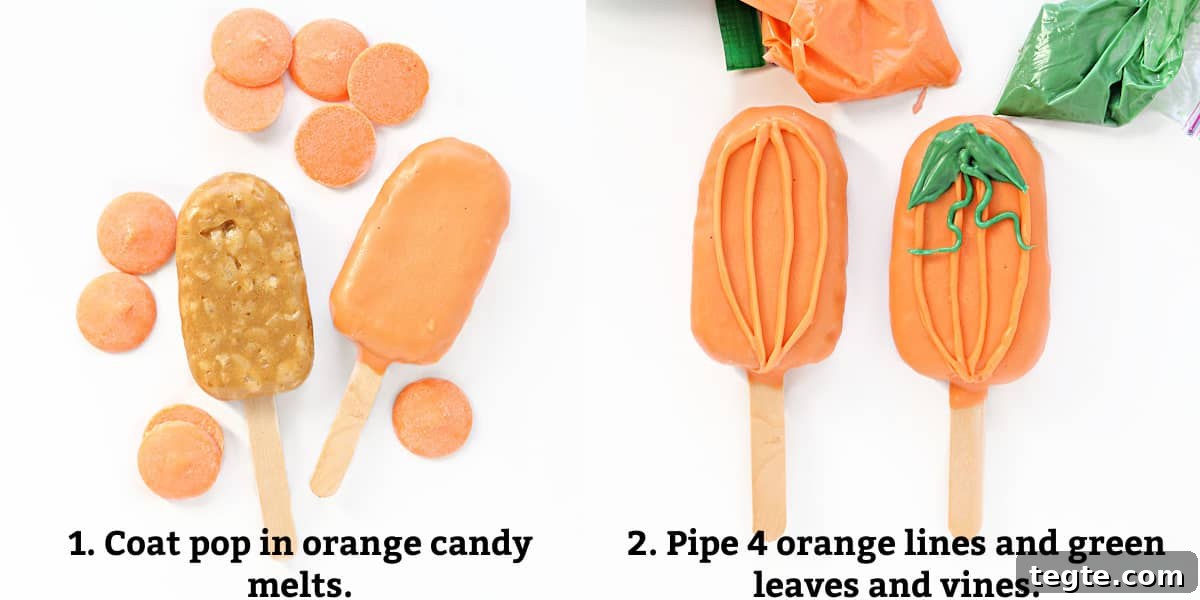 Thanksgiving Peanut Chew Candy Pops Recipe for Fall Treats 5 Pumpkin instructions: coat in orange candy melts, pipe on vertical lines, leaves and vines.