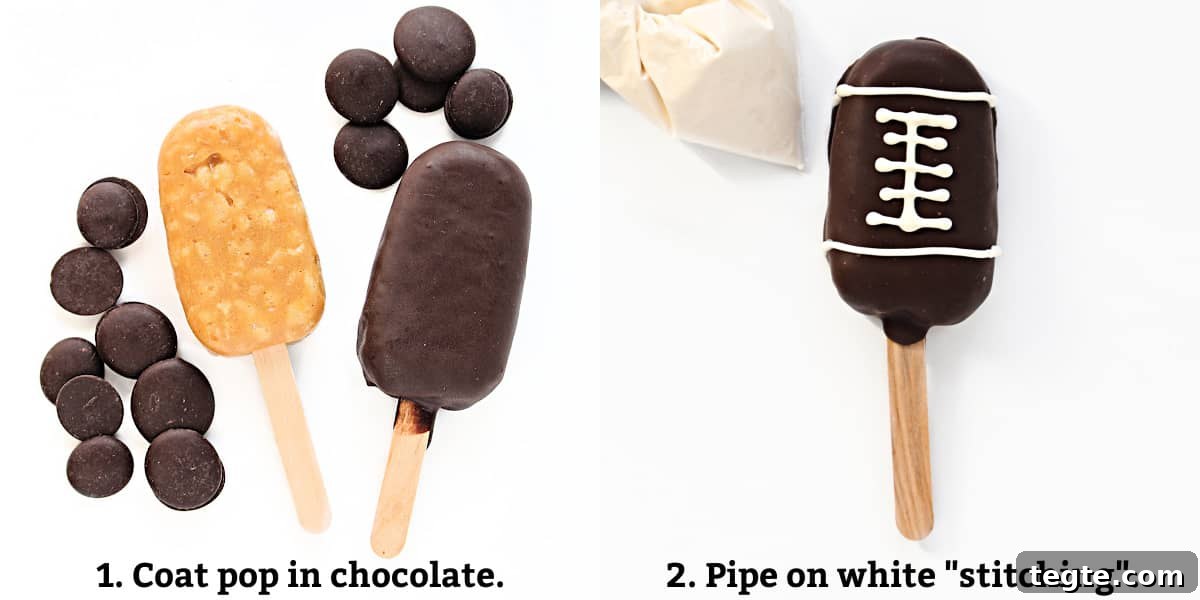 Thanksgiving Peanut Chew Candy Pops Recipe for Fall Treats 6 Football instructions: coat in dark chocolate melts, pipe on white stitching.