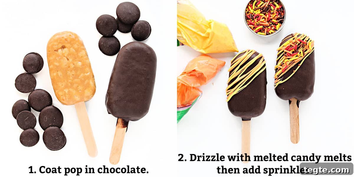 Thanksgiving Peanut Chew Candy Pops Recipe for Fall Treats 7 Drizzle Sprinkle instructions: coat in dark chocolate melts, pipe on drizzle, add sprinkles.