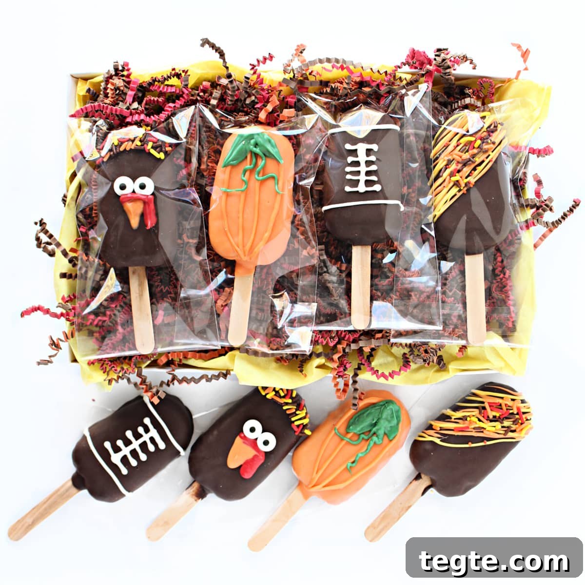 Thanksgiving Peanut Chew Candy Pops Recipe for Fall Treats 8 Bagged, decorated turkey, pumpkin, football, and drizzle pops in a gift box.