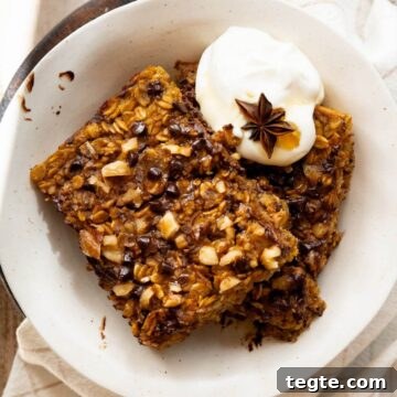 Super moist, healthy pumpkin baked oatmeal with chocolate chips.