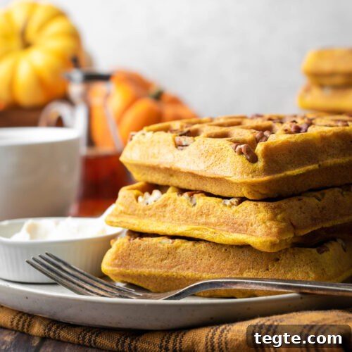 A stack of three gluten free pumpkin waffles on a serving plate.