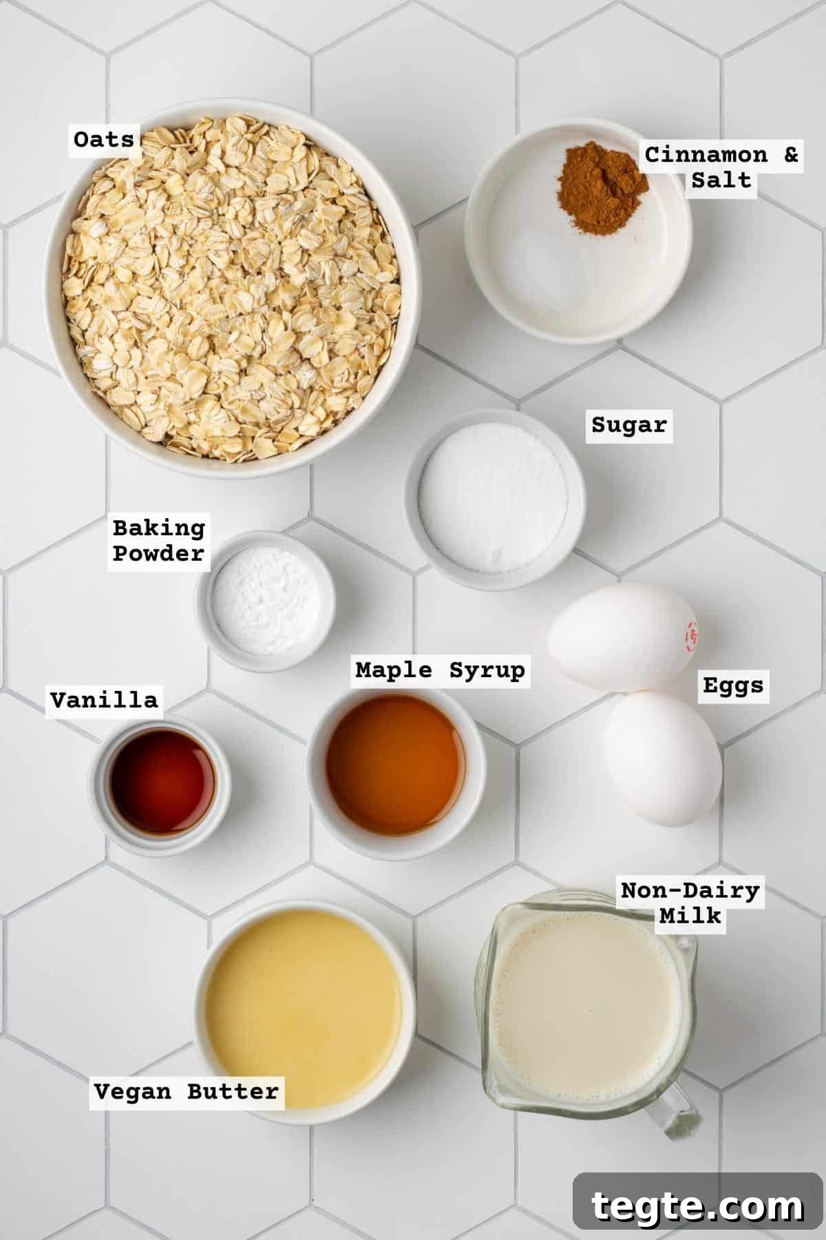 Crispy Oat Flour Waffles Recipe - Fluffy & Gluten-Free Option 3 Ingredients for oat flour waffles on a white table.