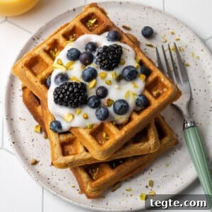 Crispy Oat Flour Waffles Recipe - Fluffy & Gluten-Free Option 23 A stack of gluten free oat flour waffles on a white plate.