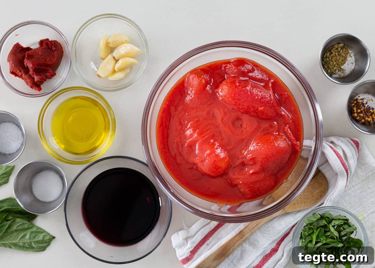 Homemade Marinara Sauce for Spaghetti (Meatless) 4 overhead: ingredients needed for marinara