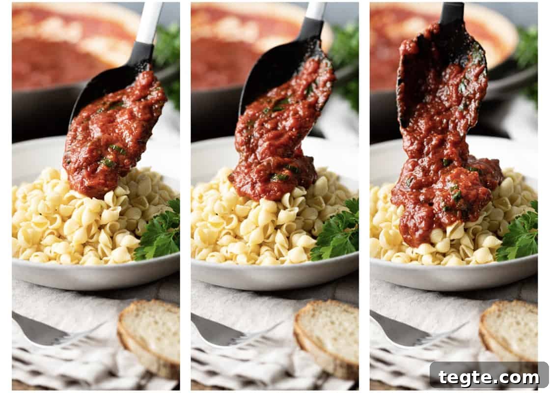 Homemade Marinara Sauce for Spaghetti (Meatless) 7 3 images showing a large serving spoon adding marinara on top of shell pasta