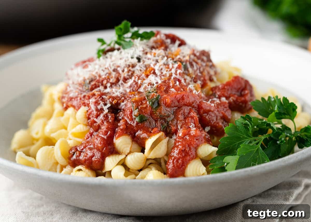 Homemade Marinara Sauce for Spaghetti (Meatless) 8 a bowl of shell pasta with marinara sauce, cheese, and herbs on top