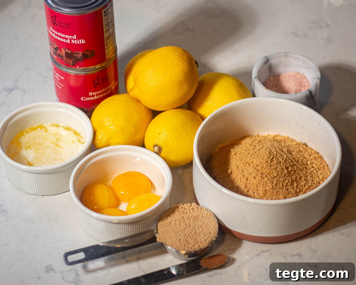 Ingredients for lemon bars with graham cracker crust arranged on a marble countertop, including lemons, eggs, brown sugar, cinnamon, salt, butter, and canned condensed milk.
