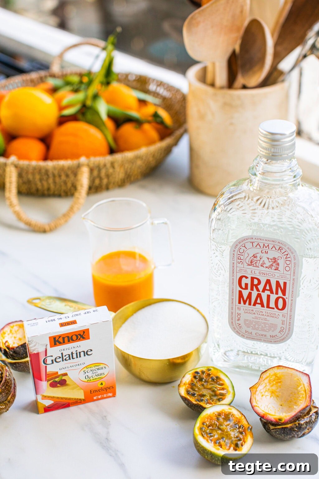 Passion Fruit Tequila Jello Shots Recipe for Parties 3 tequila, gelatin, passion fruit puree, sugar, passion fruit halves