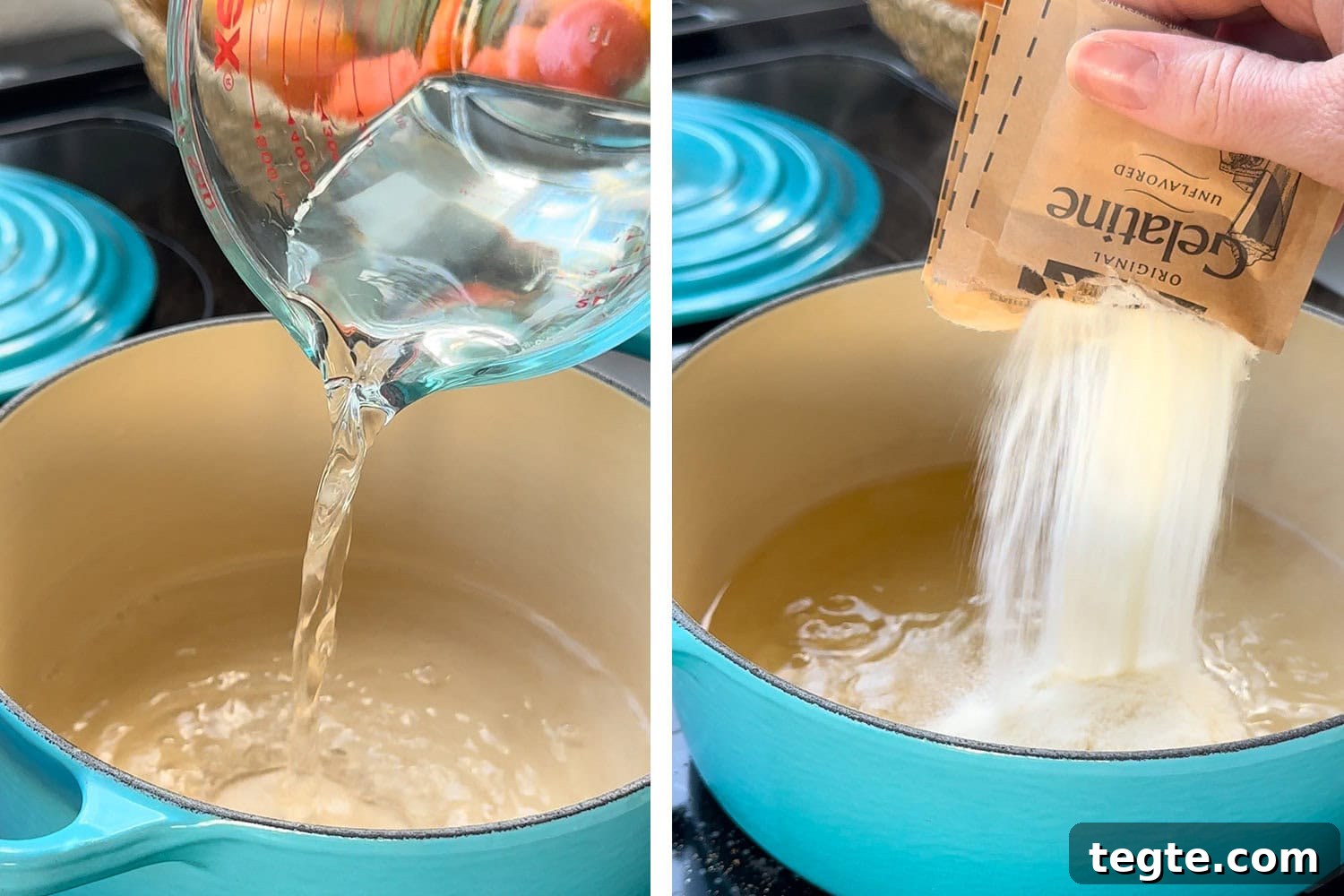Passion Fruit Tequila Jello Shots Recipe for Parties 4 pouring water, sugar, and gelatin into a blue pot