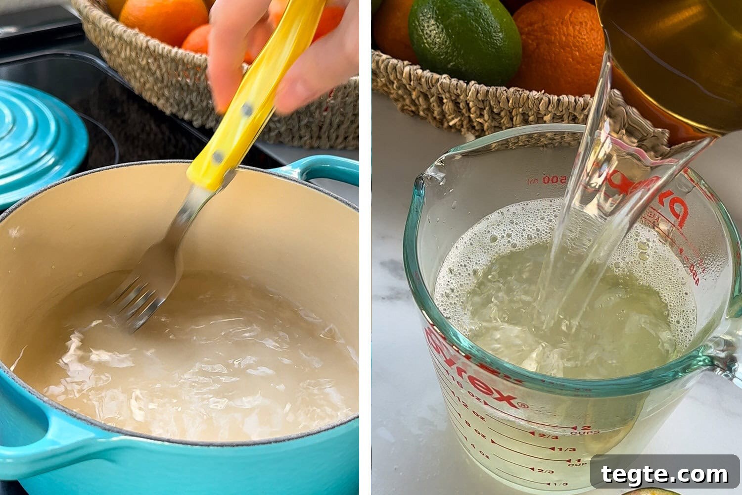 Passion Fruit Tequila Jello Shots Recipe for Parties 5 Mixing the gelatin mixture and then moving it to a glass measuring cup