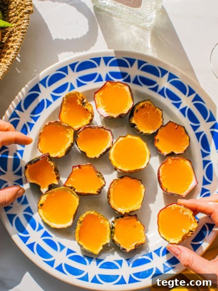 Passion Fruit Tequila Jello Shots Recipe for Parties 9 passion fruits halved and filled with tequila jello shots