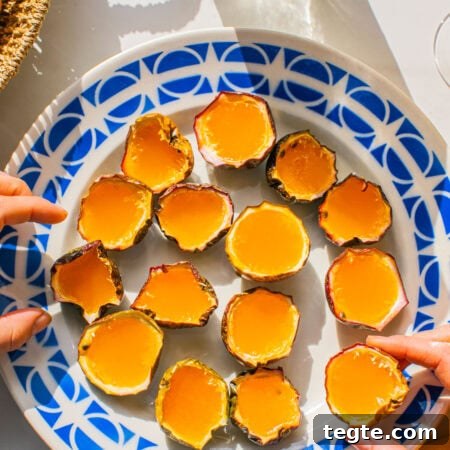 Passion Fruit Tequila Jello Shots Recipe for Parties 10 passion fruits halved and filled with tequila jello shots