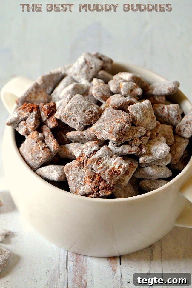Ultimate Muddy Buddies Recipe — Perfect Chocolate-Peanut Rice Cereal Snack 2 White bowl of muddy buddies on white board