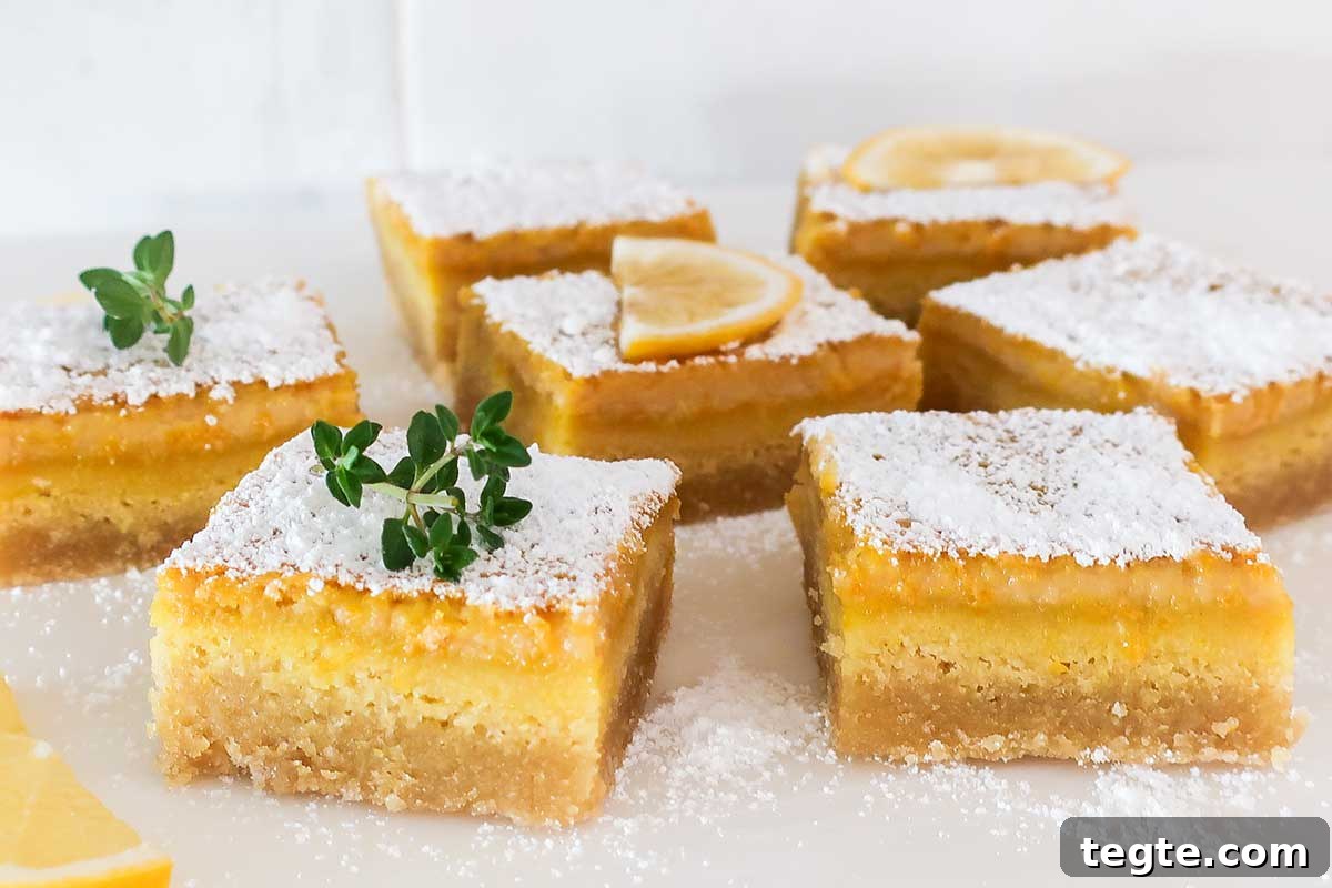 30 Gluten-Free Easter Desserts Your Guests Will Crave 17 close up of square maple lemon bars GF and DF on a white plated dusted with powdered sugar and green garnish