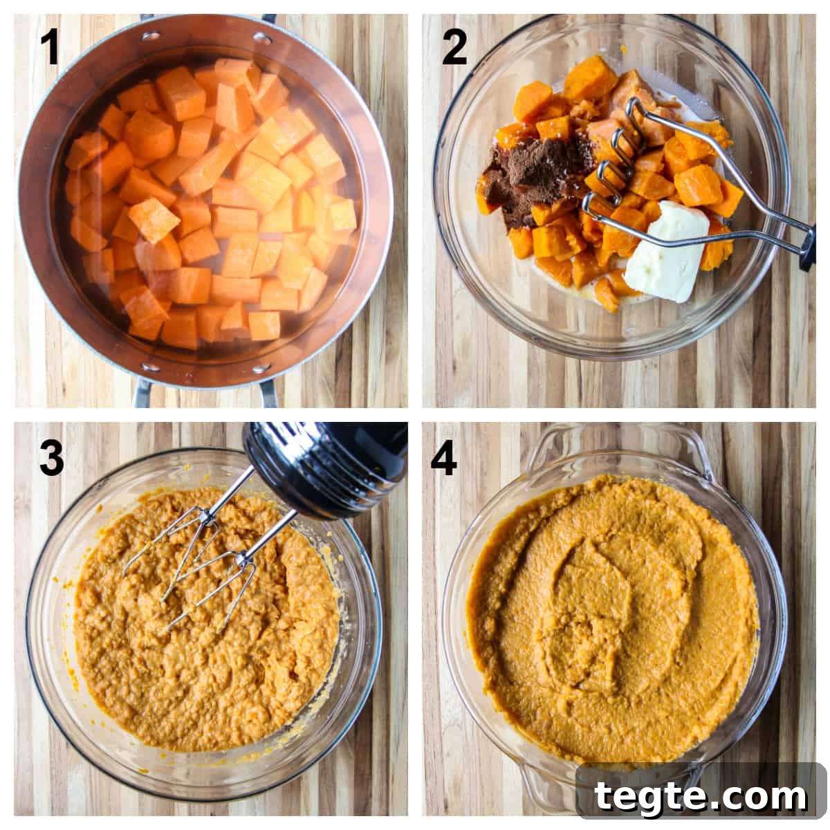 The first four steps of the casserole preparation.