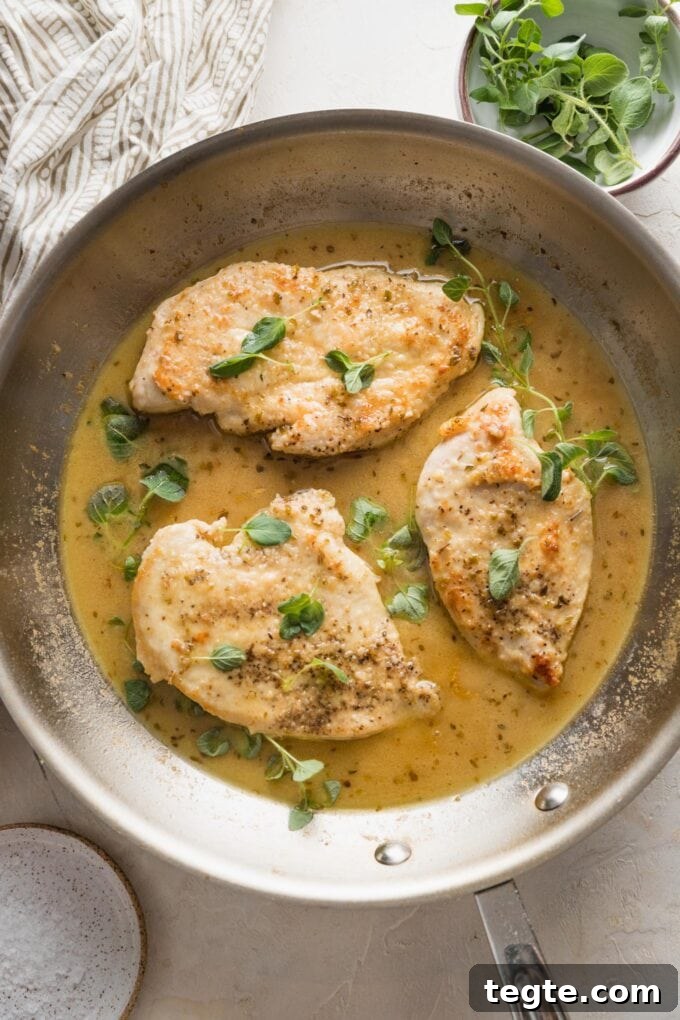 Oregano Roasted Chicken with Lemon and Garlic 4 Overhead image of oregano chicken in a skillet with fresh oregano sprigs scattered around.