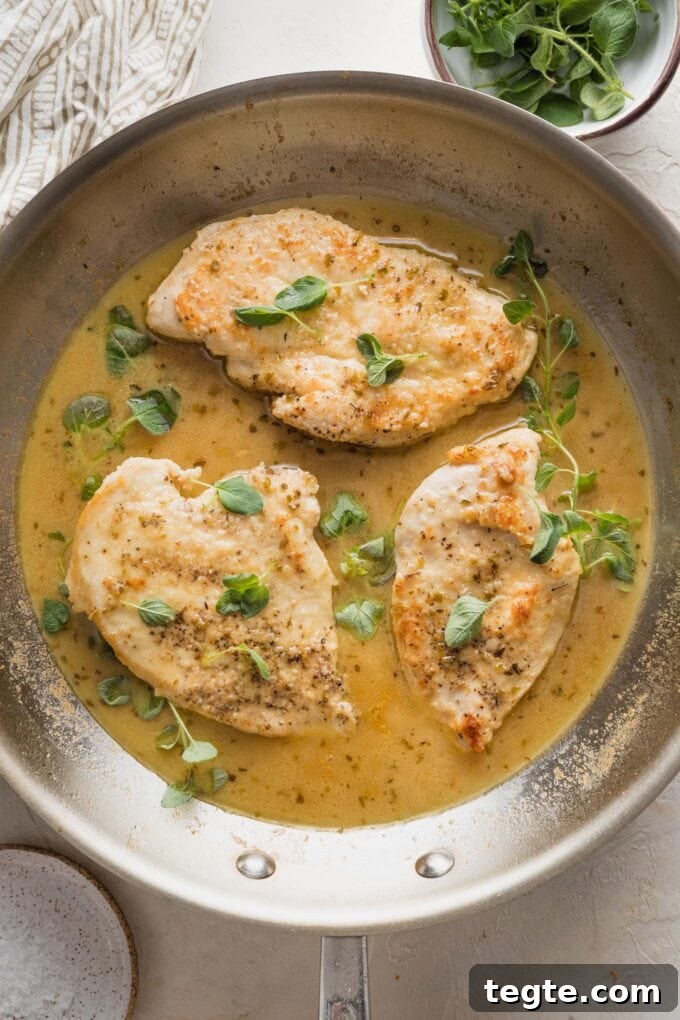 Oregano Roasted Chicken with Lemon and Garlic 6 Overhead image of oregano chicken in a skillet with fresh oregano sprigs scattered around.
