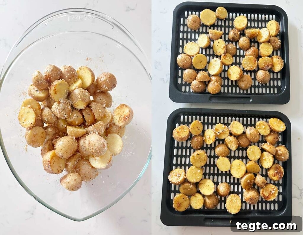 Crispy Air-Fryer Baby Potatoes Recipe 4 A glass bowl of seasoned baby potatoes and 2 air fryer trays with baby potatoes on the trays.