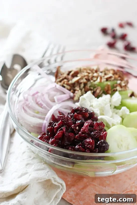 This cranberry pecan cucumber salad is a fresh and simple side dish for fall! Ready in 10 minutes and topped with crumbled goat cheese! A glass bowl filled with Healthy Cucumber Salad with a white napkin to the side.