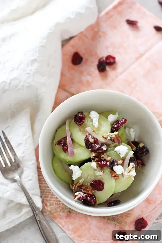 This cranberry pecan cucumber salad is a fresh and simple side dish for fall! Ready in 10 minutes and topped with crumbled goat cheese! A small white bowl filled with Cranberry Cucumber Salad with a fork to the side.