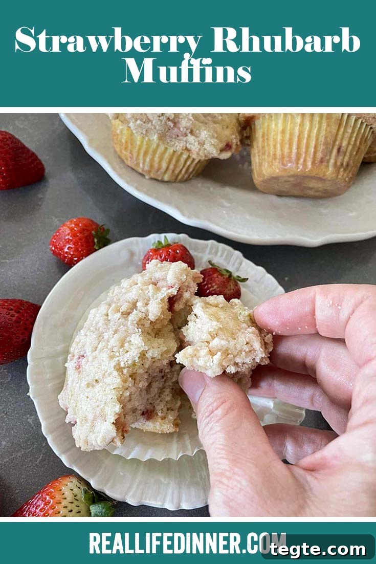 Pinterest picture of Strawberry Rhubarb Muffins with the text of the title at the top.