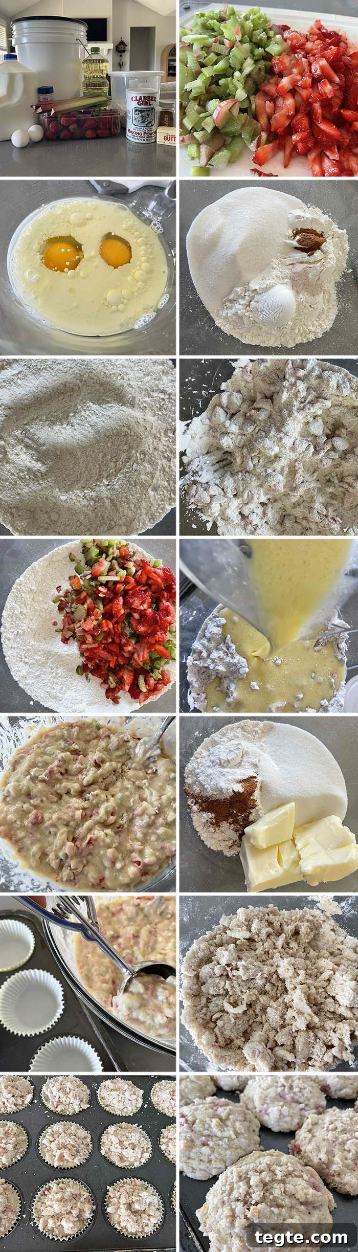 14-photo picture collage of step-by-step photos for how to make strawberry rhubarb muffins