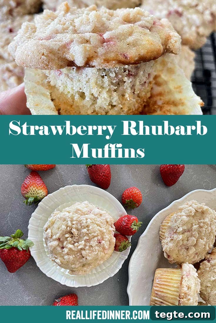 Two-photo Pinterest picture of strawberry rhubarb muffins with the text of the title in the middle, separating the two photos.