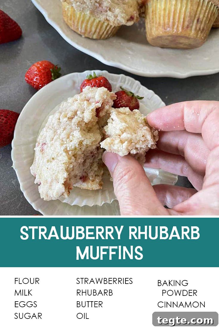 Pinterest picture of strawberry rhubarb muffins with the text of the ingredients at the bottom and the text of the title above the ingredients list.