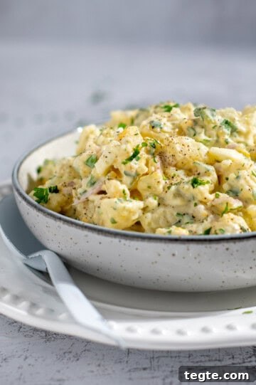 South African potato salad with condensed milk on a white bowl.