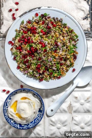 Cypriot grain salad on old white metal tiles with a bowl of Greek yoghurt dressing.