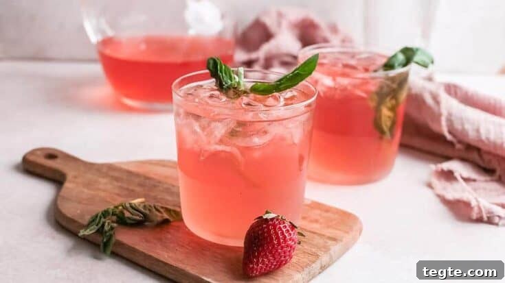 A strawberry gin rickey cocktail garnished with fresh basil leaves.