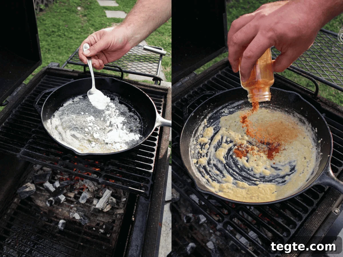 Steak Sliders with Creamy Beer Cheese Sauce 4 Adding flour and seasonings to the melted butter in the skillet.