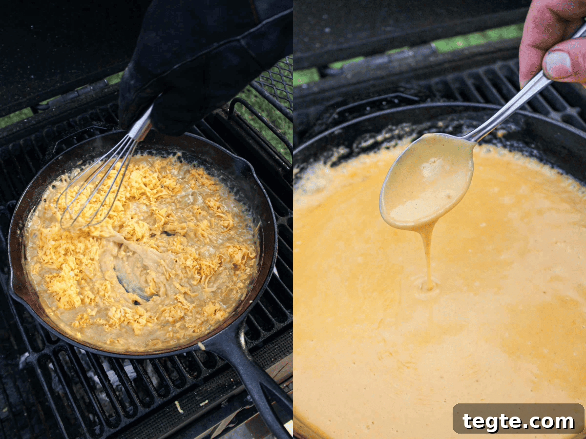 Steak Sliders with Creamy Beer Cheese Sauce 5 Adding cheese to the mixture in the cast iron skillet.