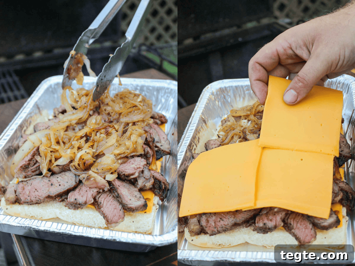Steak Sliders with Creamy Beer Cheese Sauce 7 Assembling the steak sliders by adding the slices of steak, sautéed onions and cheese to the rolls.