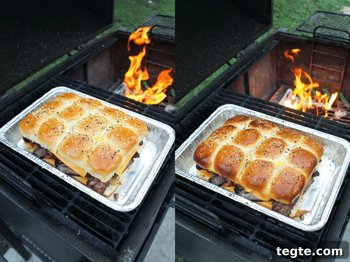 Steak Sliders with Creamy Beer Cheese Sauce 8 Adding the pan of steak sliders to the grill to caramelized indirectly.