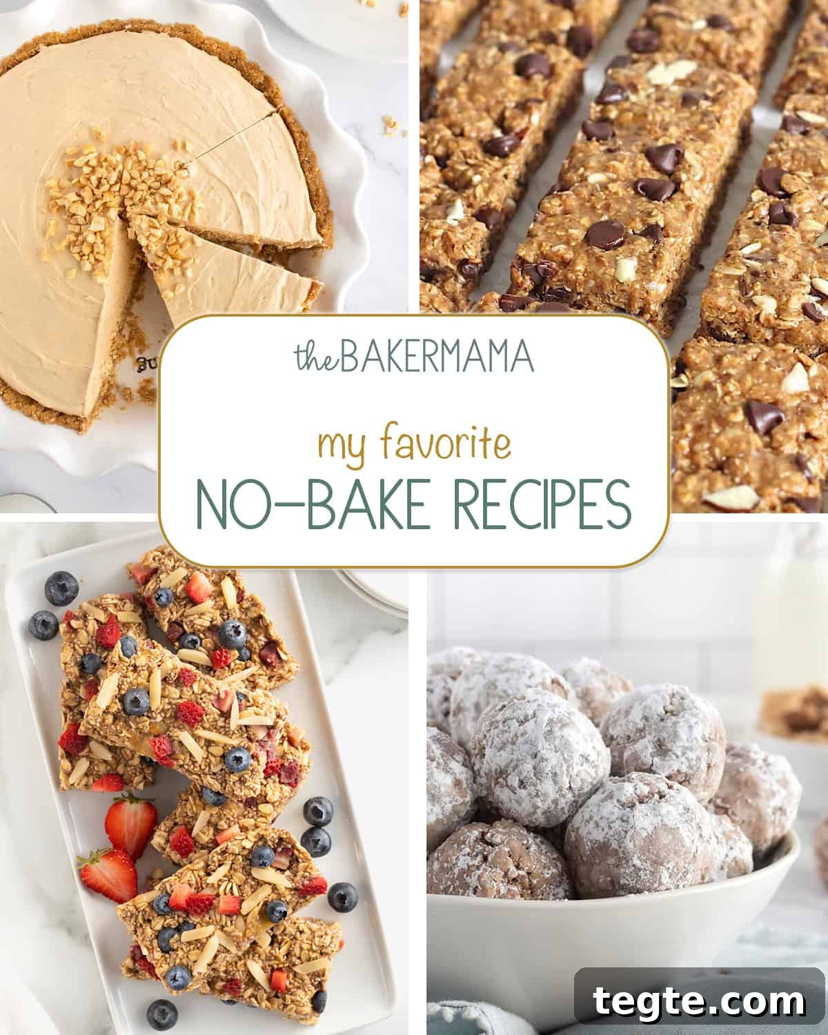 No bake peanut butter pie, 5-ingredient granola bars, overnight oats bars, muddy buddy bites.