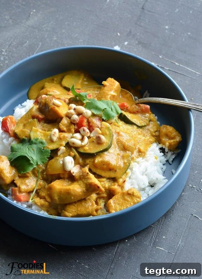 Instant Pot Thai Peanut Chicken Recipe That Melts in Minutes 11 instant pot thai peanut chicken curry over jasmine rice in a grey plate & garnished with dry roasted peanuts & cilantro