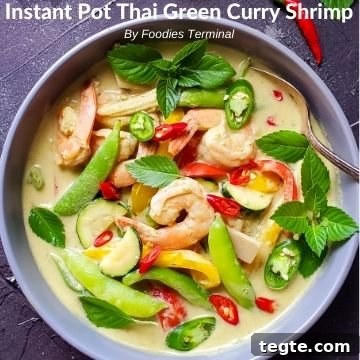 Instant Pot Thai Peanut Chicken Recipe That Melts in Minutes 14 Thai green curry shrimp garnished with thai basil & chilies in a grey bowl