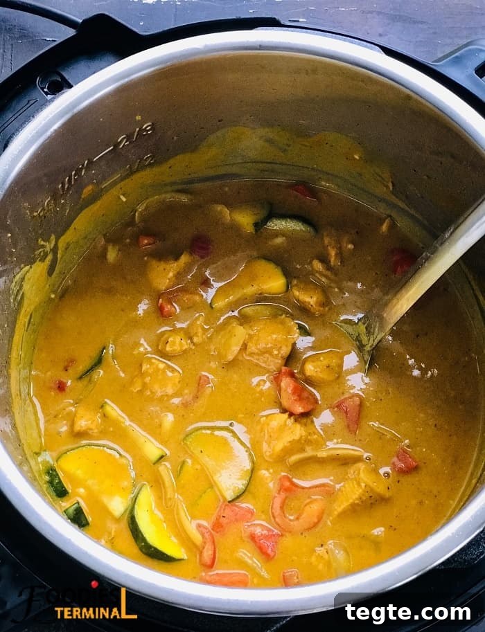 Instant Pot Thai Peanut Chicken Recipe That Melts in Minutes 4 thai peanut butter chicken curry in instant pot with a steel ladle