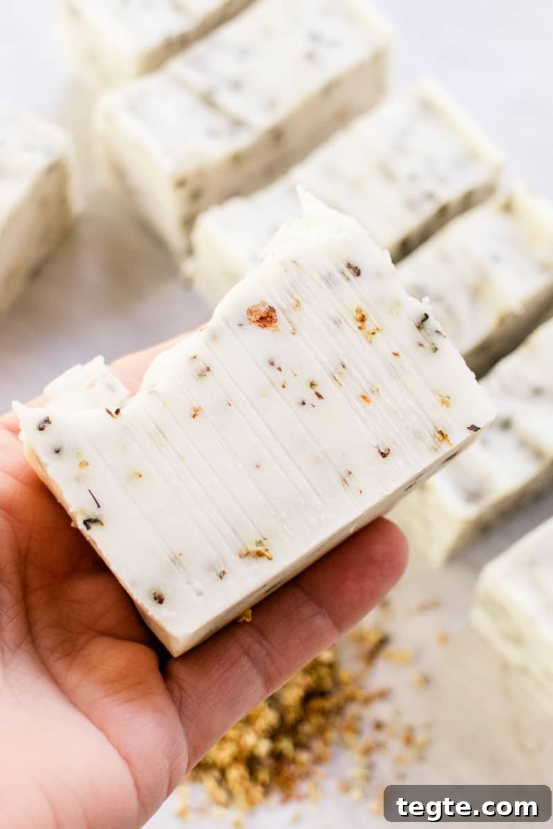 Make Herbal Soap Using Dried Herbs: Step-by-Step Guide 3 Cold process soap bar that is infused with osmanthus flowers.